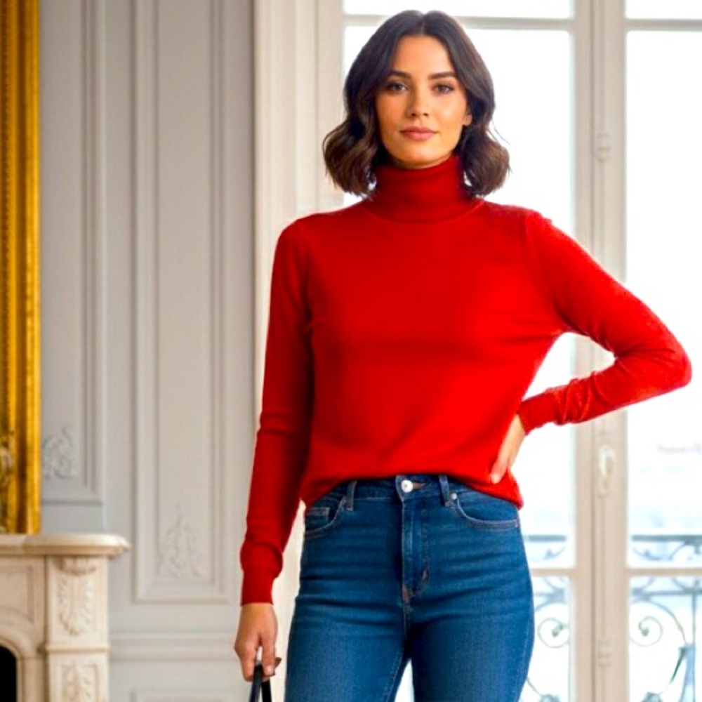 Sandro Paris Red Fine Knit Wool Blend Turtleneck Sweater Size 2